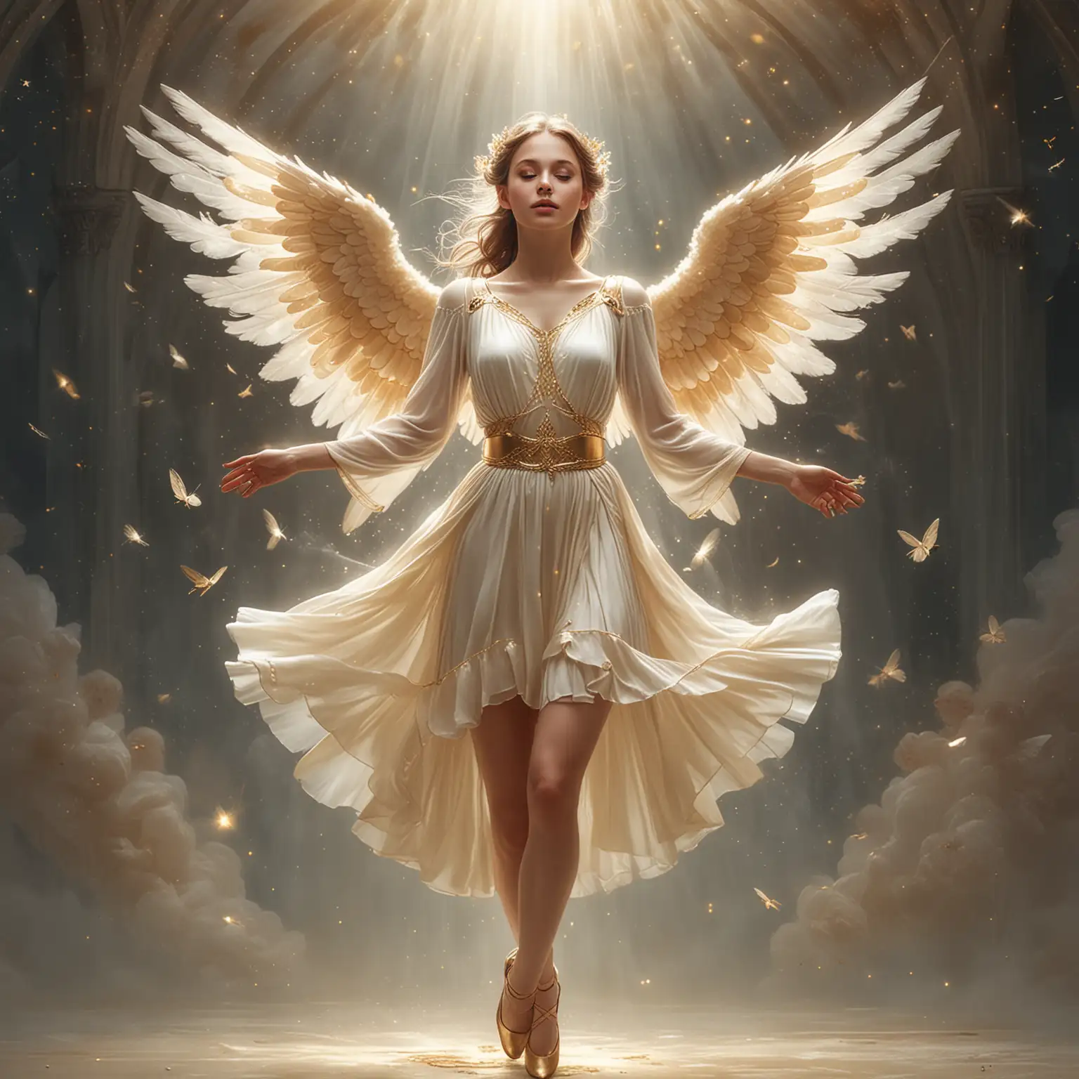 Perfect pretty mysterious ethereal whole body Guardian angel hovering, decent angel dress, golden angel belt, golden closed ballerinas, digital art.