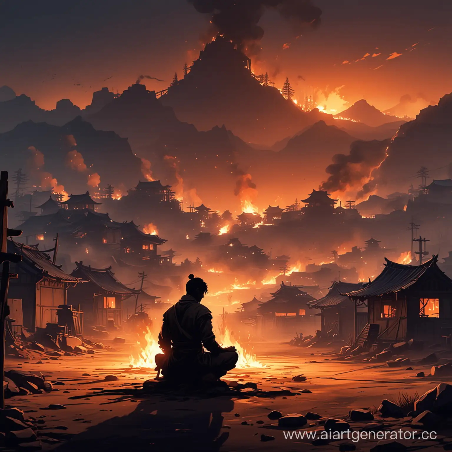Эпичная тень печального парня, сидящего в позиции сейдза перед сгорающей деревней, в стиле shadow fight 2