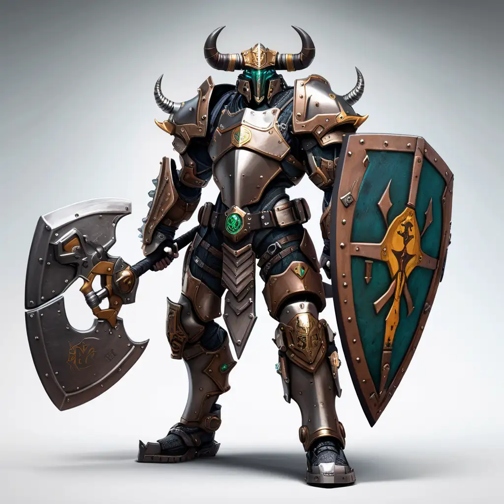 Taurus zodiac themed cyberpunk knight full body with a single giant medieval battle axe and shield