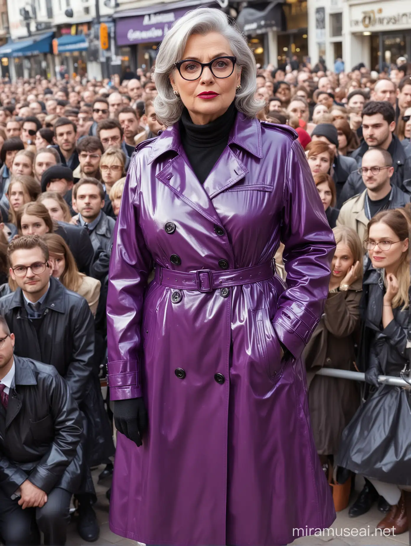 A beautifully drawn, older, mature (((female ))) with a full, chubby figure, sporting distinctive glasses and red lips, dressed in a sleek, shiny (((purple PVC trench coat ))), complete with a long, pleated skirt, boots, serious yet confident aura as she stands poised, in front of a crowd of people, her posture suggestive of authority backed by advanced technology, exuding a soupier aura, 