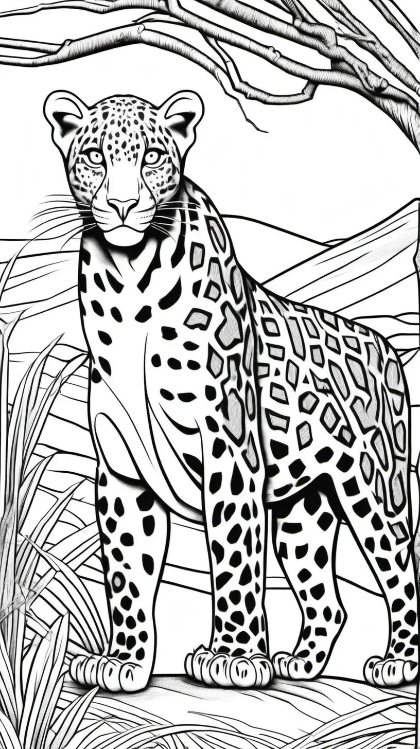coloring page for adults, Leopard, in Africa, low detail,  thick lines, no shade