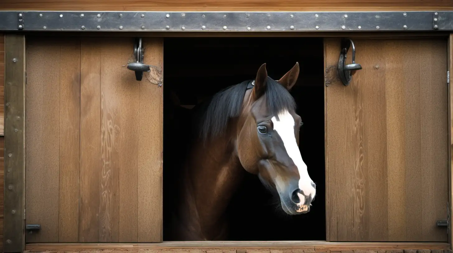 Horse stables, horse head hanging over the stable door. 