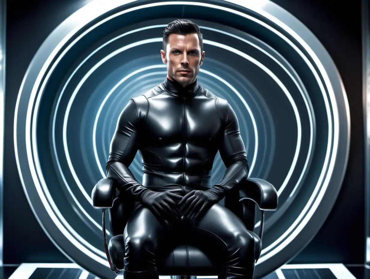 Full Body Portrait of a 30 year old muscular males with the body of a Westworld Drone Host wearing skin tight black rubber uniforms, black rubber gloves,
Very short dark hair, clean shaven. 
Sitting in futuristic barber chair and staring at a hypnotic spiral on a screen in front of him.
hyper realistic, Photorealistic Highly detailed, Intricate detail, Hyperrealistic, 8k
