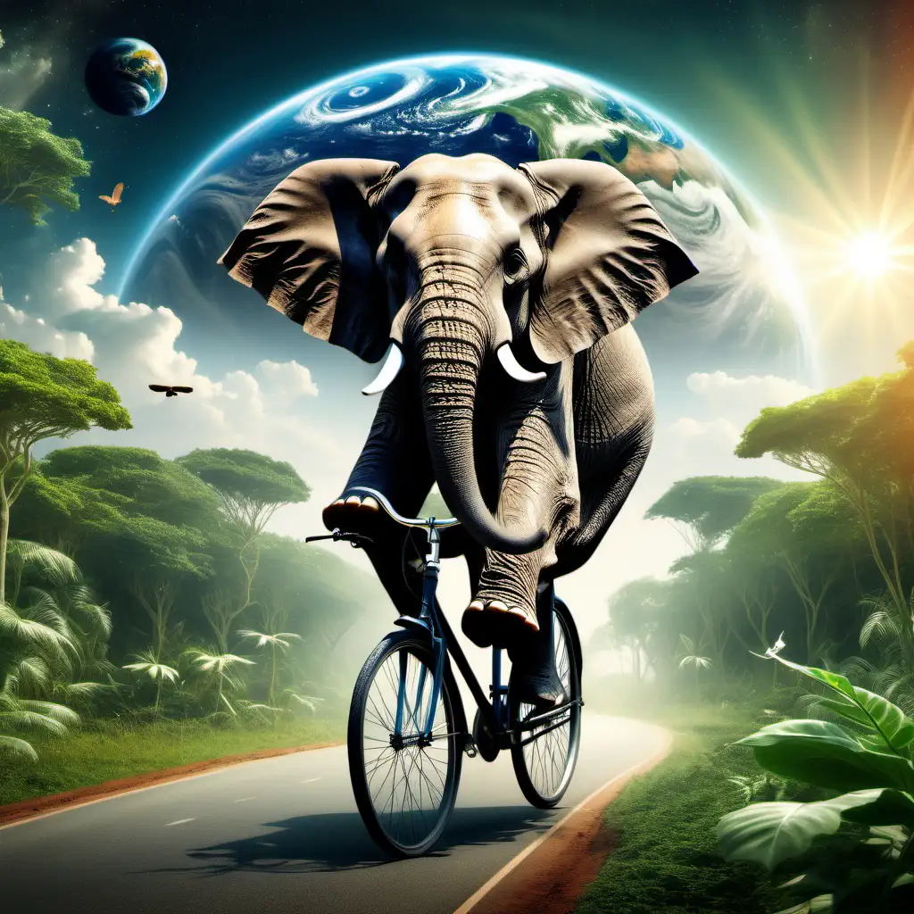 elephant driving a bicycle on the background of eden-like earth

