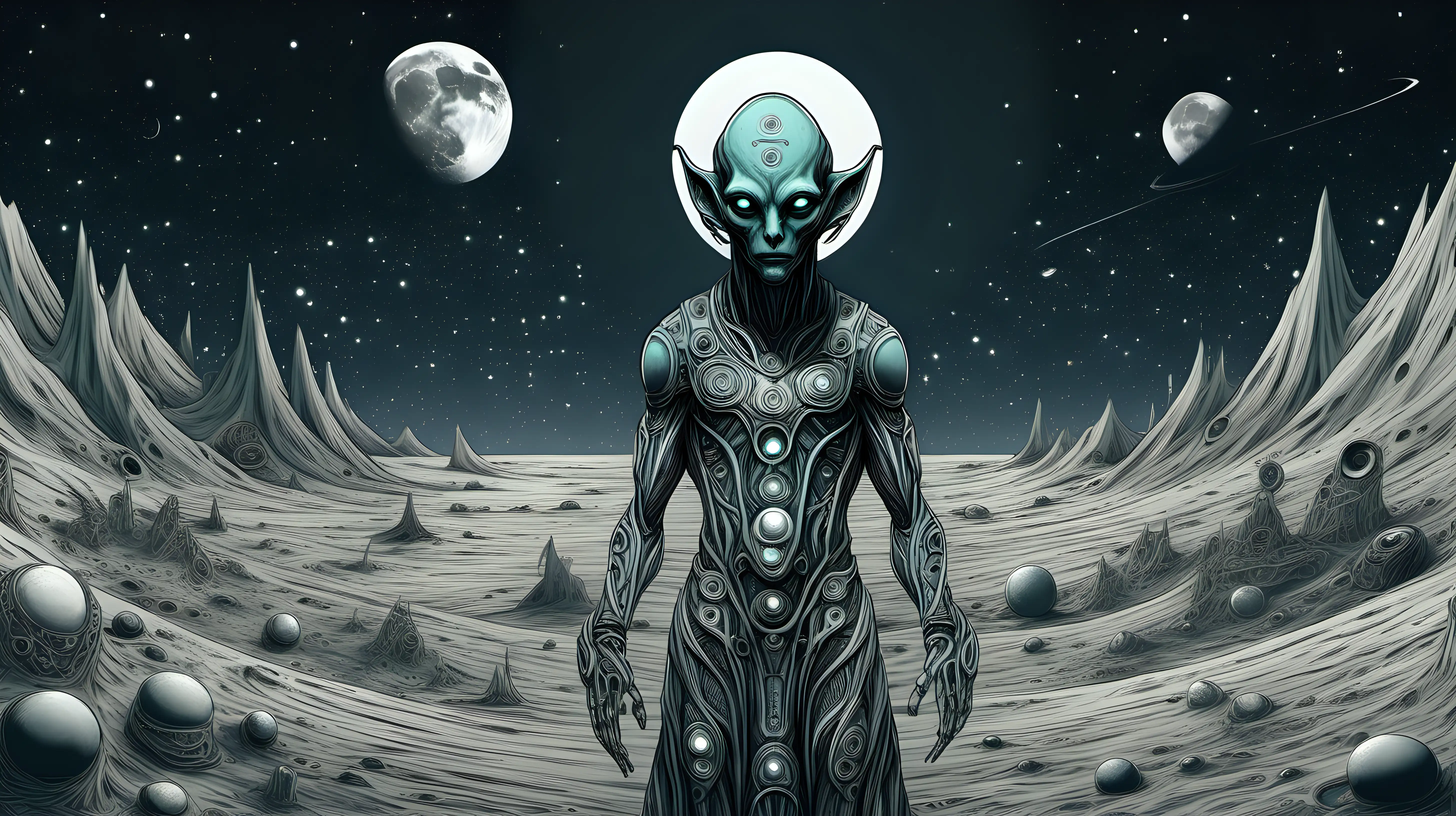 Design an image of a humanoid alien with a lunar-themed aesthetic, representing a species with an ancient history deeply tied to the moon, with lunar patterns integrated into their clothing and features