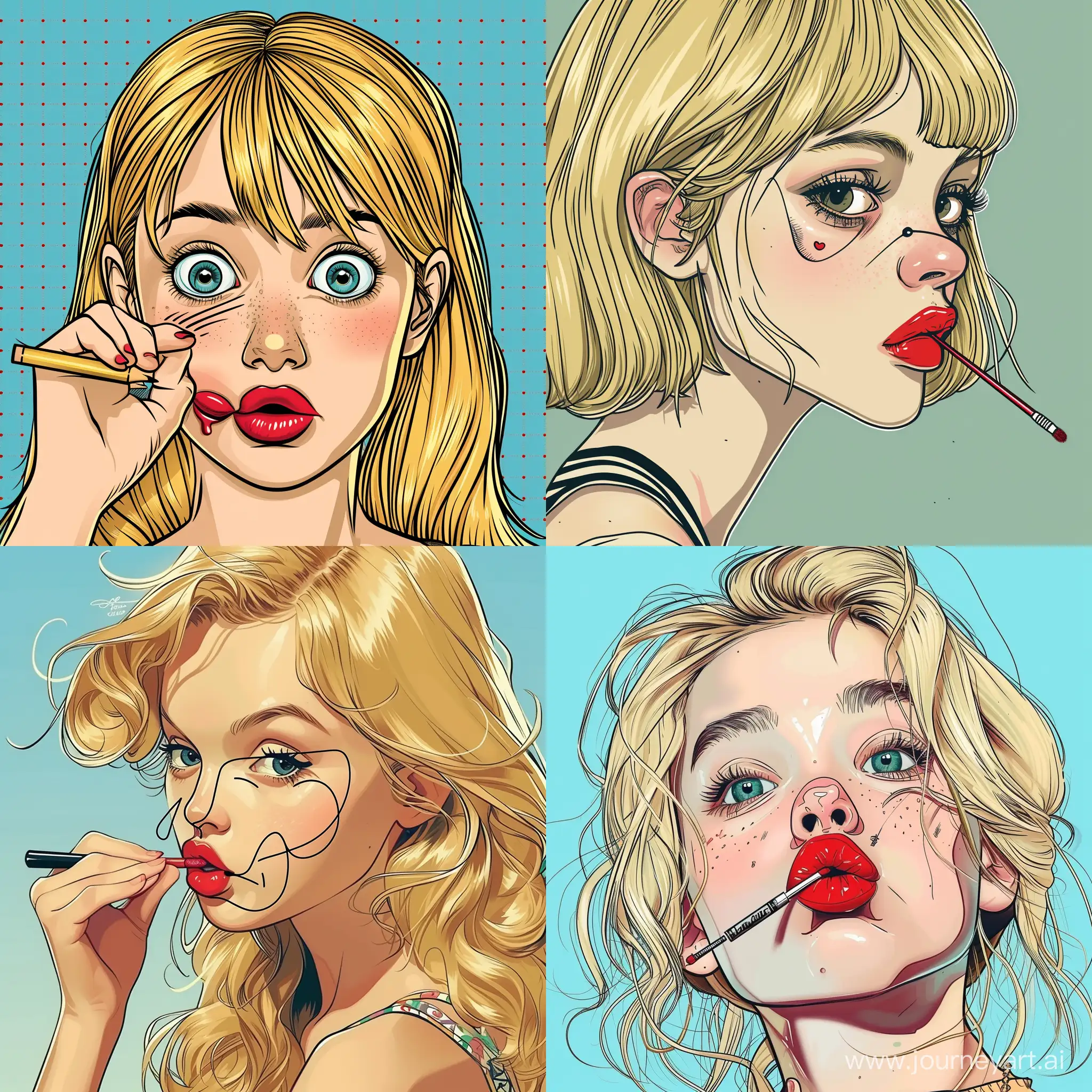 A blonde girls 15 years old with lipstick drawing her face with. With lipstick she draws her nose and her eyes. Comic. Cartoon
