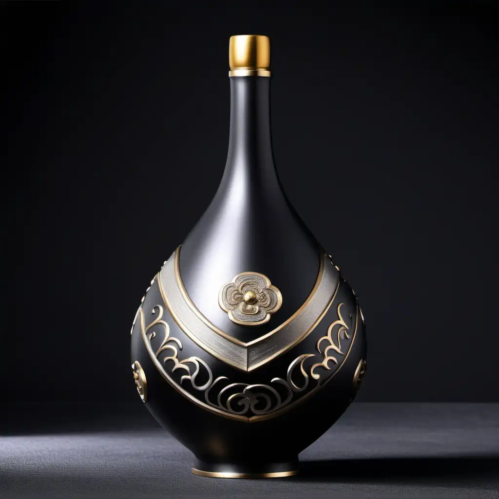 传统宋代时期的酒瓶形态设计，高端酒，形状奇怪，精密的产品照片图像，高细节，银黑哑光陶瓷与金色装饰，极简装饰，三套方案
