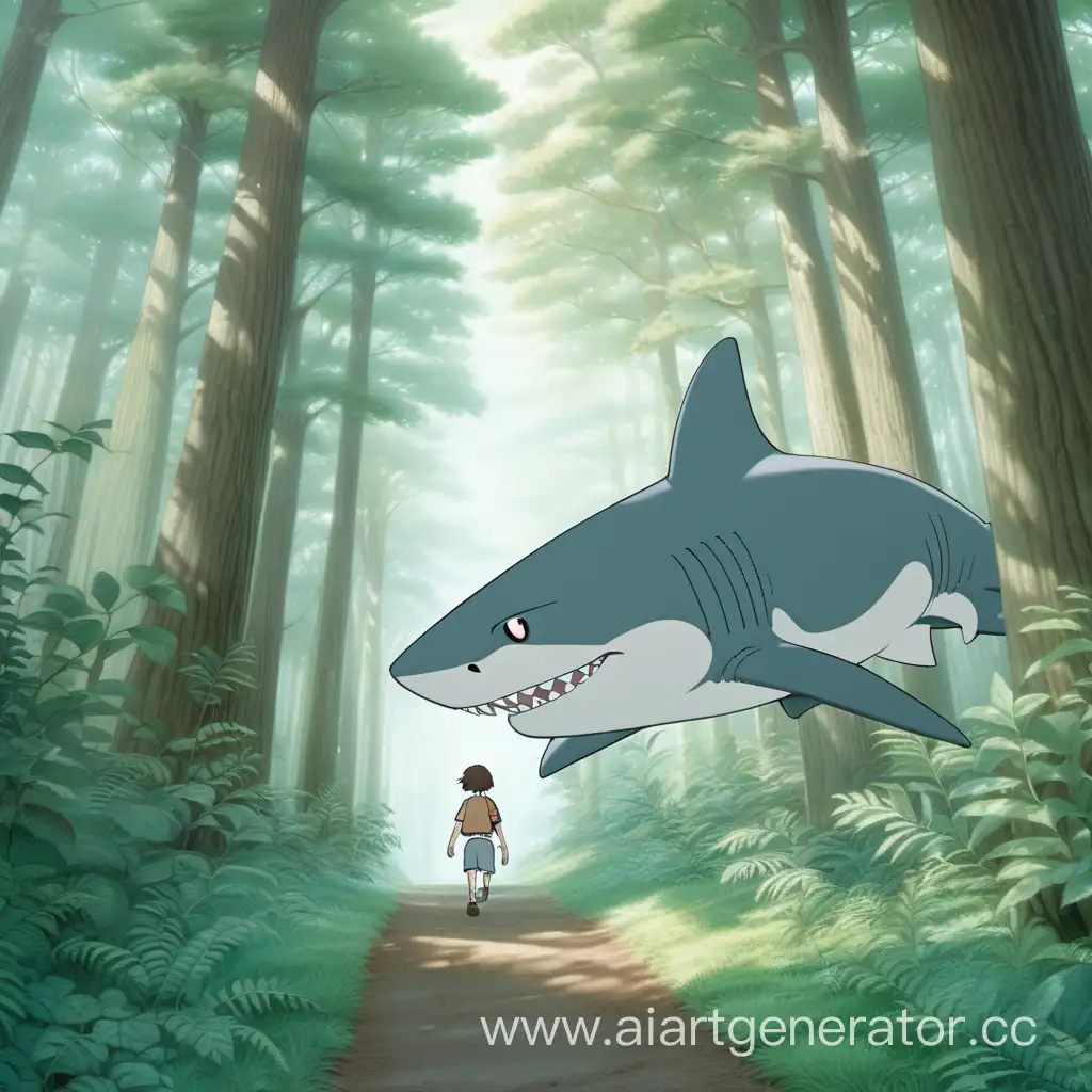 акула в стиле аниме Хаяо Миядзаки идёт по густому лесу, серая тропинка, высокие густые деревья,