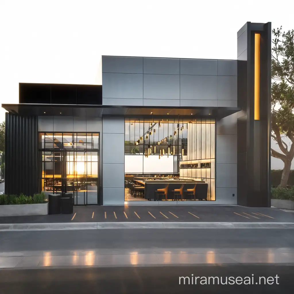 Restaurant with cinematic 400mm photo of a luxurious, contemporary, modern, large glass, matte black aluminum, wall paneling, artificial lighting,  sunrise, low light, artificial lighting, cinematic photography. 