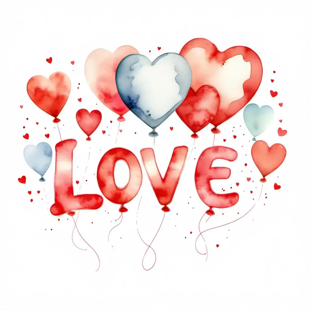 Love font, with red heart-ballons, watercolored design, soft pastel, white background