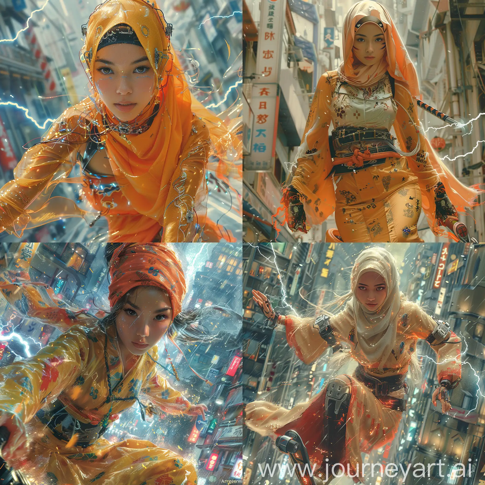by Artgerm digital painting art style, highly detailed, futuristic Avatar Suki beauty young Indonesian muslim college girl in japanese metropolis, at a freestyle rollin in futuristic inline skate, simple minimalist futuristic design. Graphic scheme long skirt, with striking colors. the person's face is charming and looks at me, closeup, Japanese attire, swing lightning katana sword bender technique. graphic scheme background. --s 750