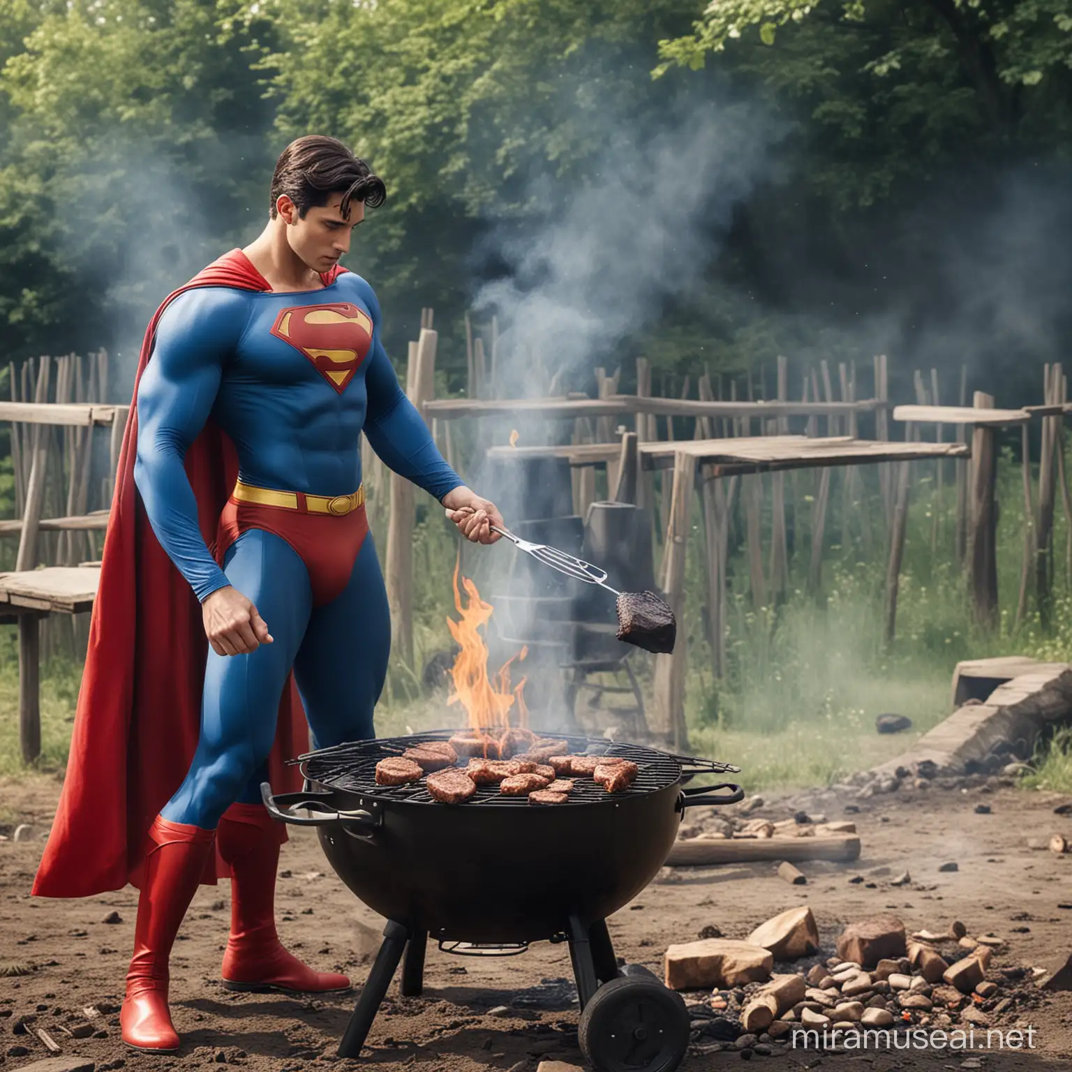 Super Man is making barbecue