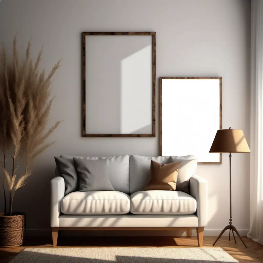 wooden poster white blank frame mockup, reflection, shadow overlay, cozy living room, farmhouse stlyle, warm room, 4K, exclude random objects,