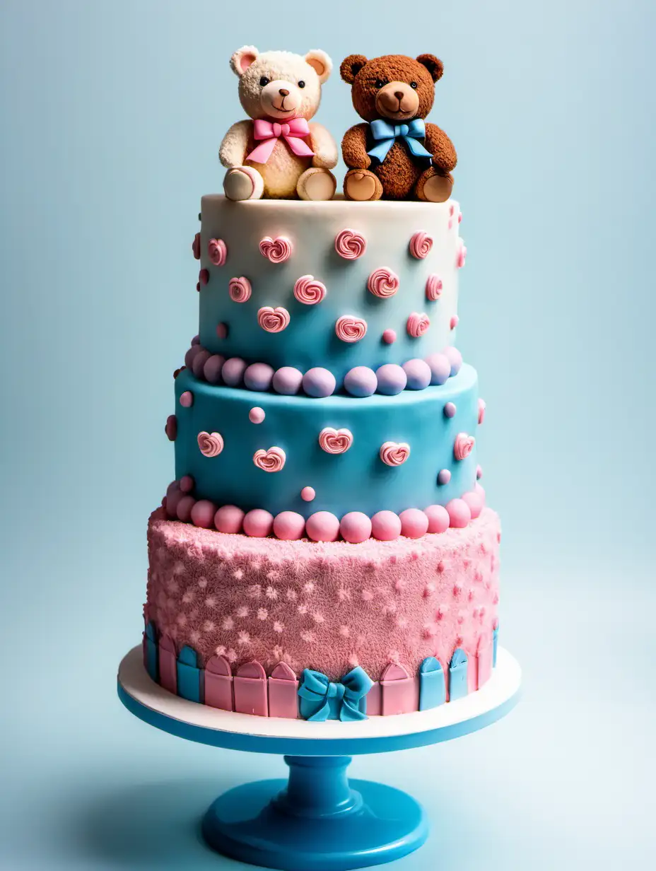 Create a three teired cake that is half blue half pink with little teddy bears all over it. Plain white background 