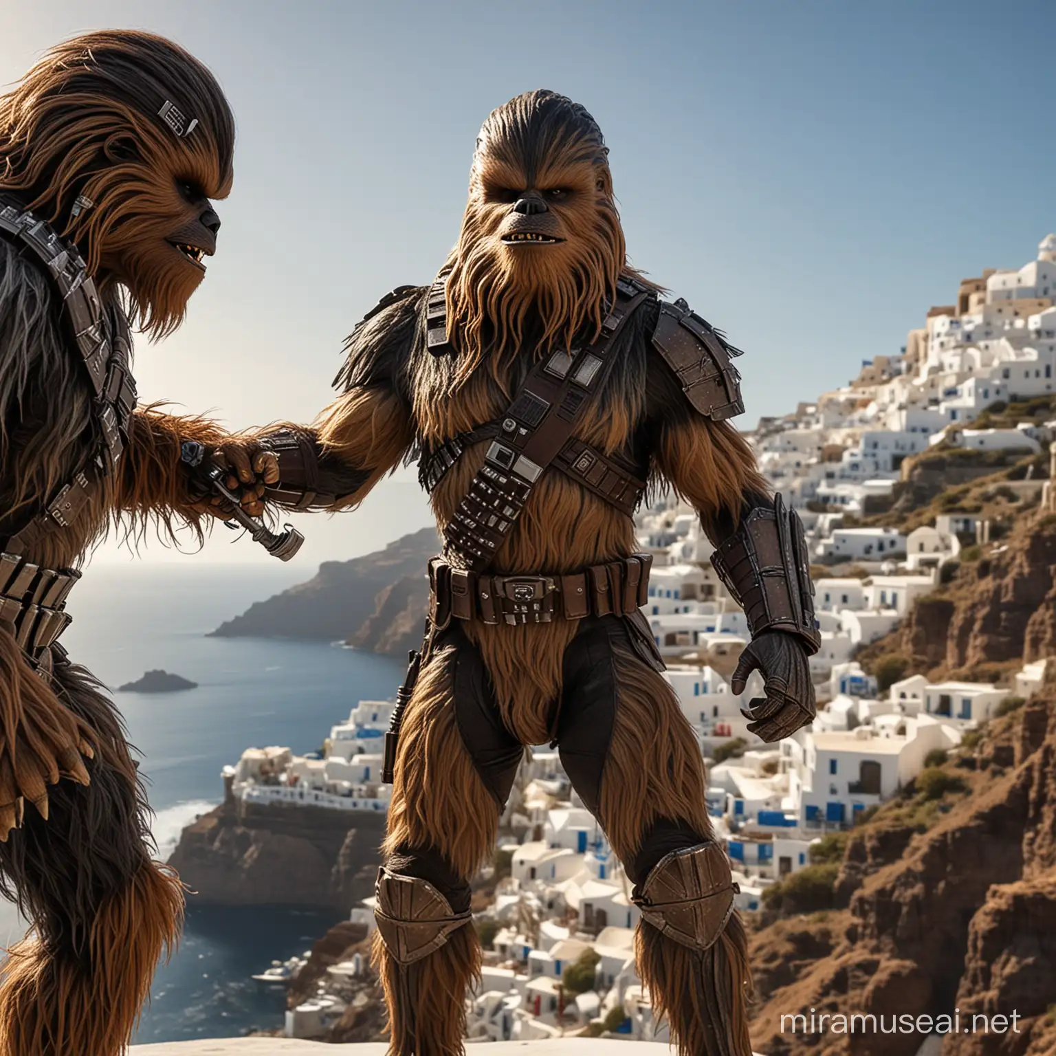 chewbacca fighting Predator, hd, detailed, Santorini as background