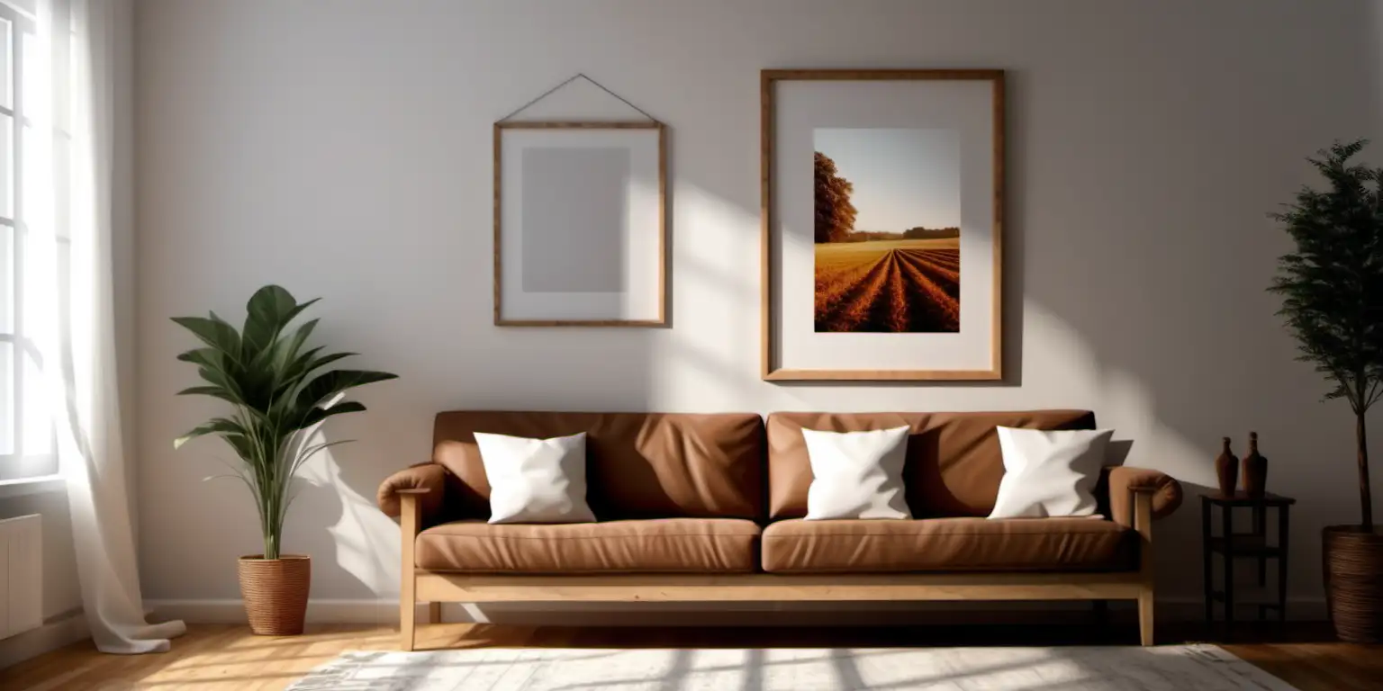 Blank Wooden Poster Frame Mockup in Cozy FarmhouseStyle Living Room
