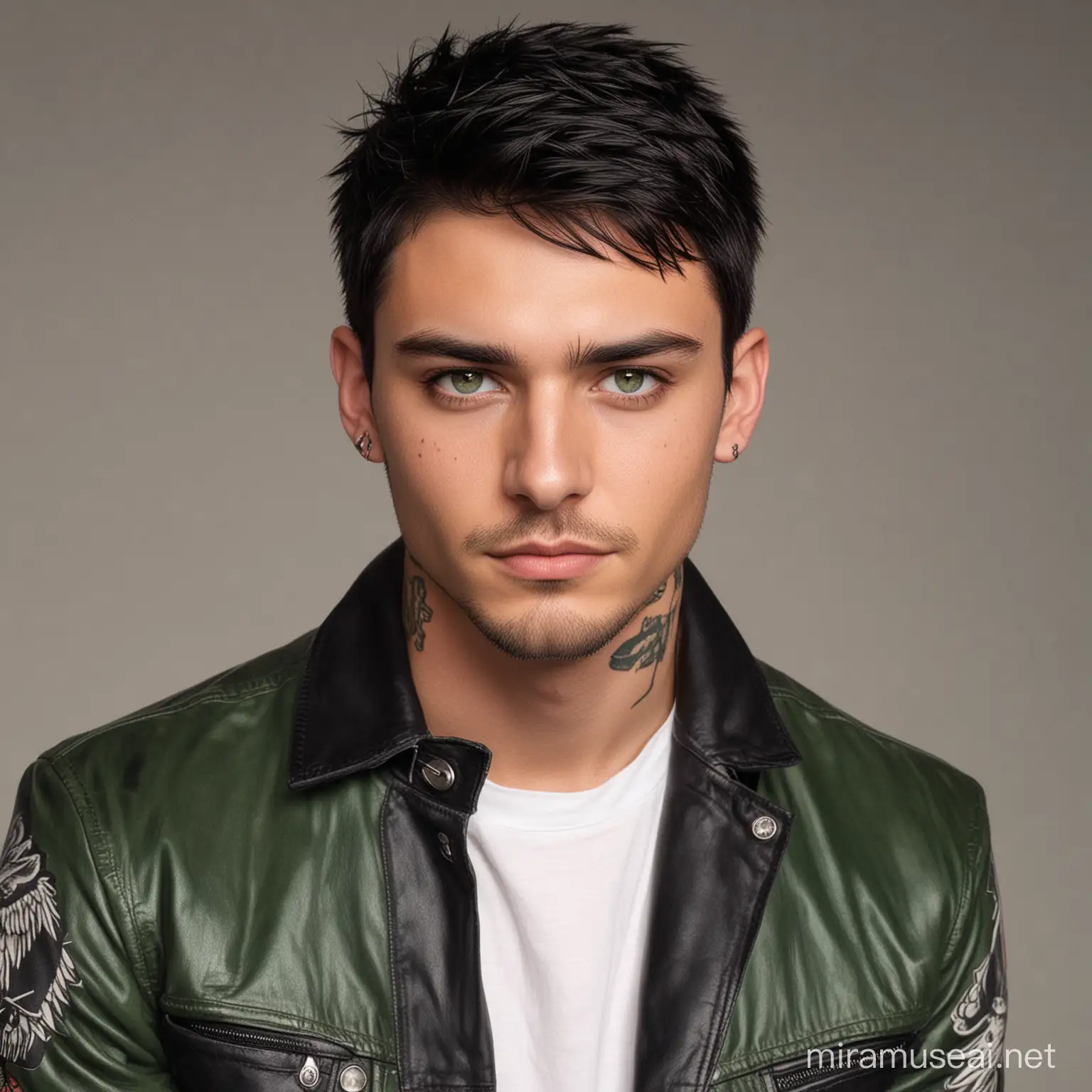 Confident Young Man with Black Hair Green Eyes Leather Jacket and Eagle Tattoo