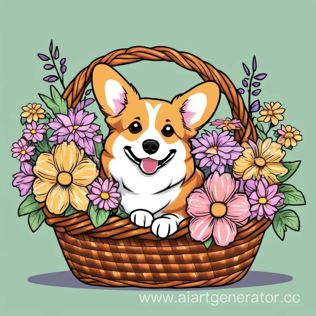 Adorable-Corgi-Pup-Surrounded-by-Vibrant-Flowers-in-a-Cozy-Basket