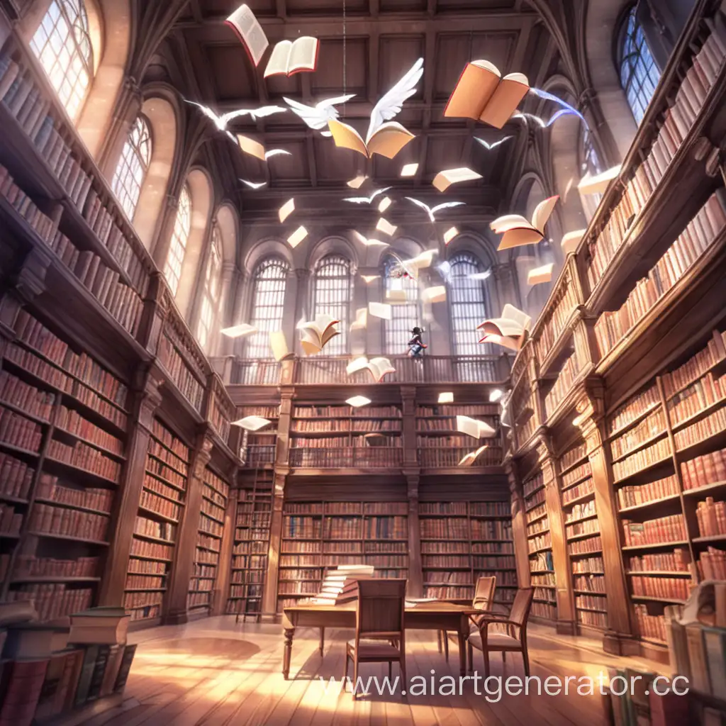 Fantasy-Anime-Art-of-a-Library-with-Flying-Books