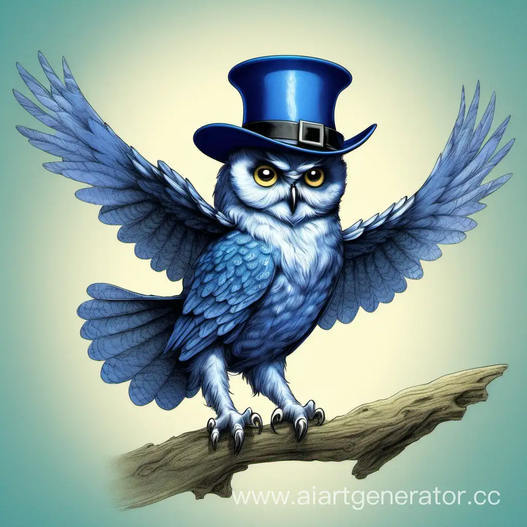 Elegant-Blue-Owl-Wearing-Stylish-Hat-with-Outstretched-Wing