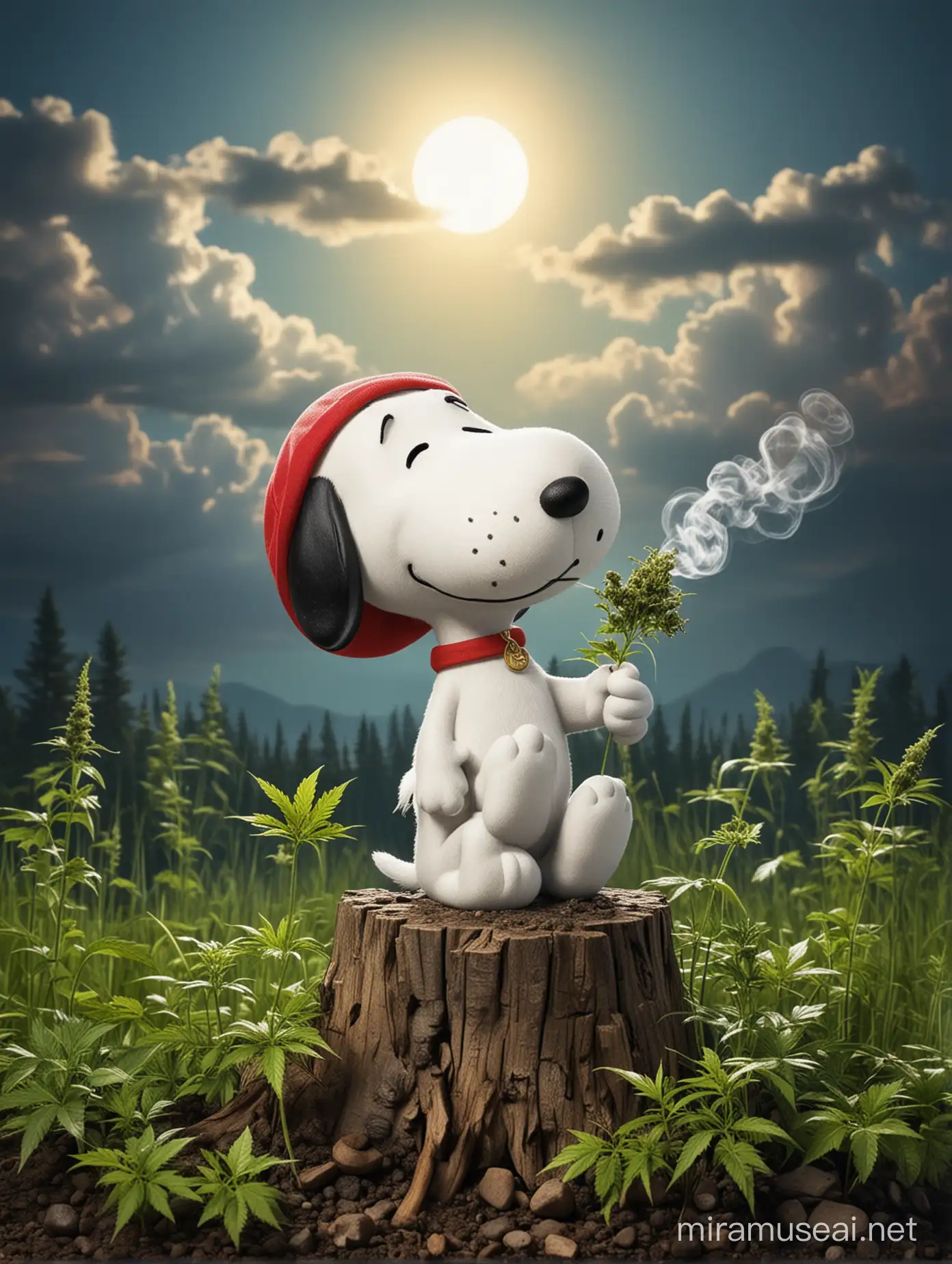 Snoopy Enjoying a Relaxing Moment Amidst Colorful Cannabis Plants