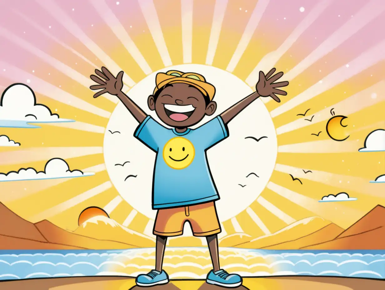 Cartoon: A cheerful character welcoming the sunrise with open arms, radiating positivity.