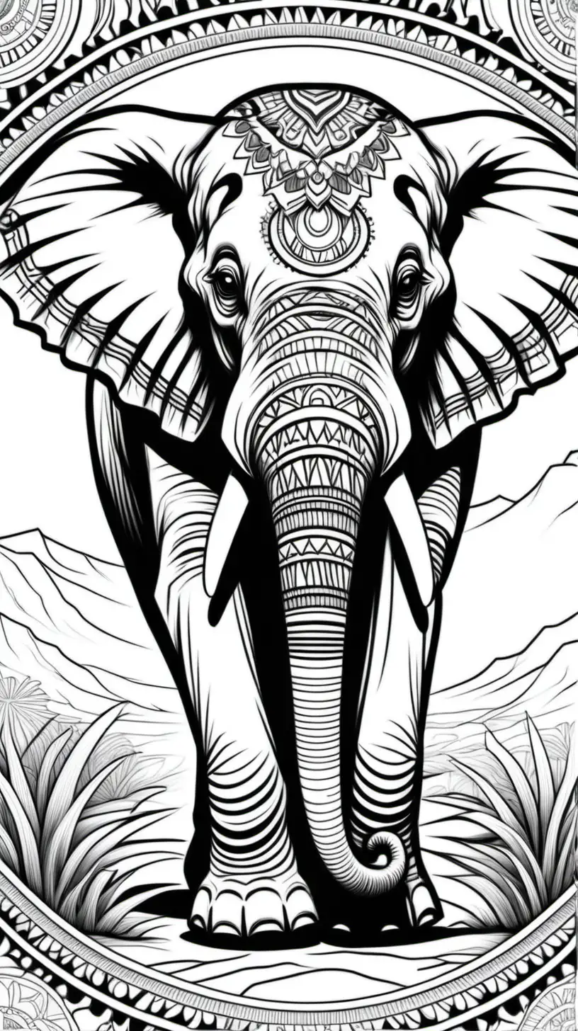 coloring page for adults, African Elephant mandala, in Africa, no shade