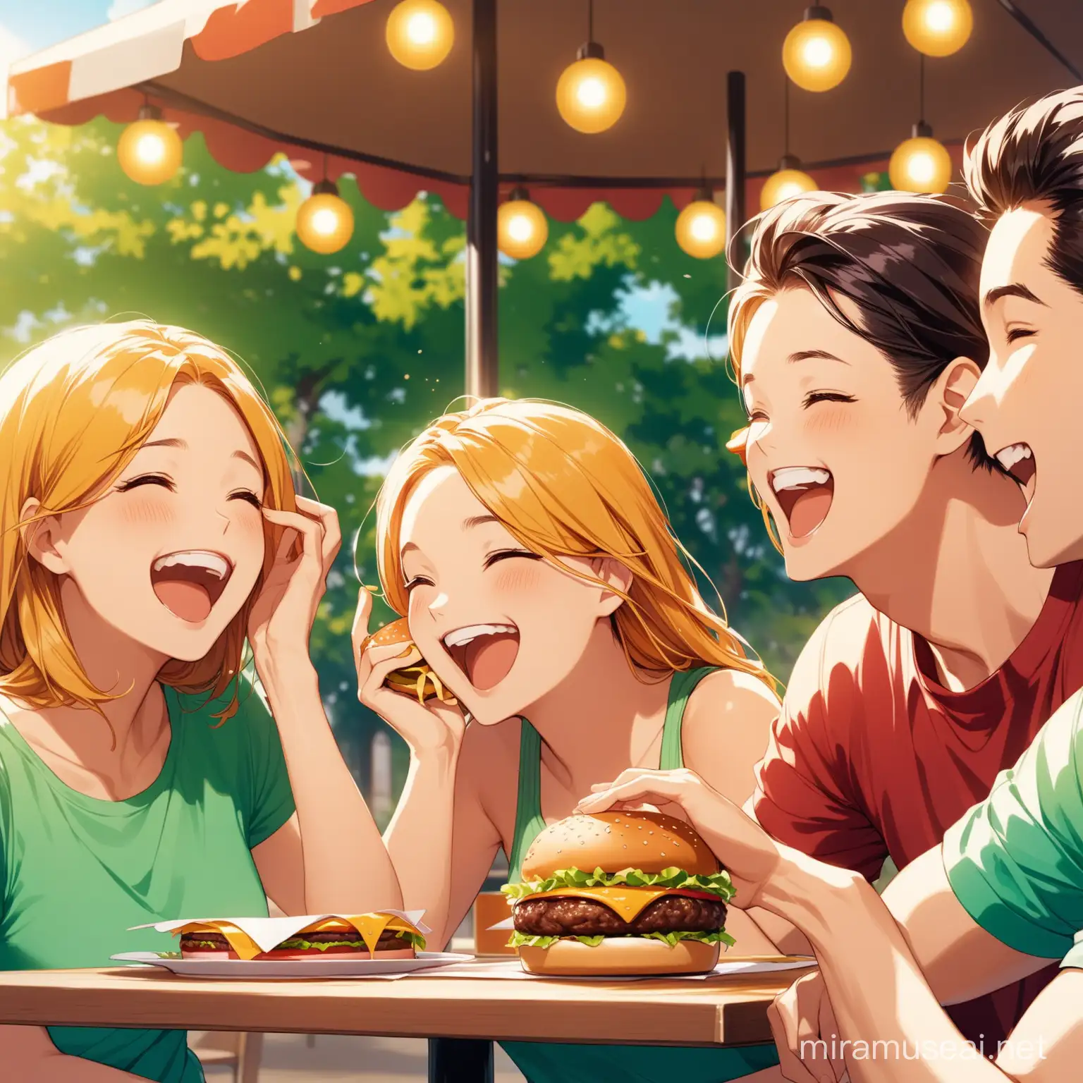 A burger in a nice place together with friends lauging


