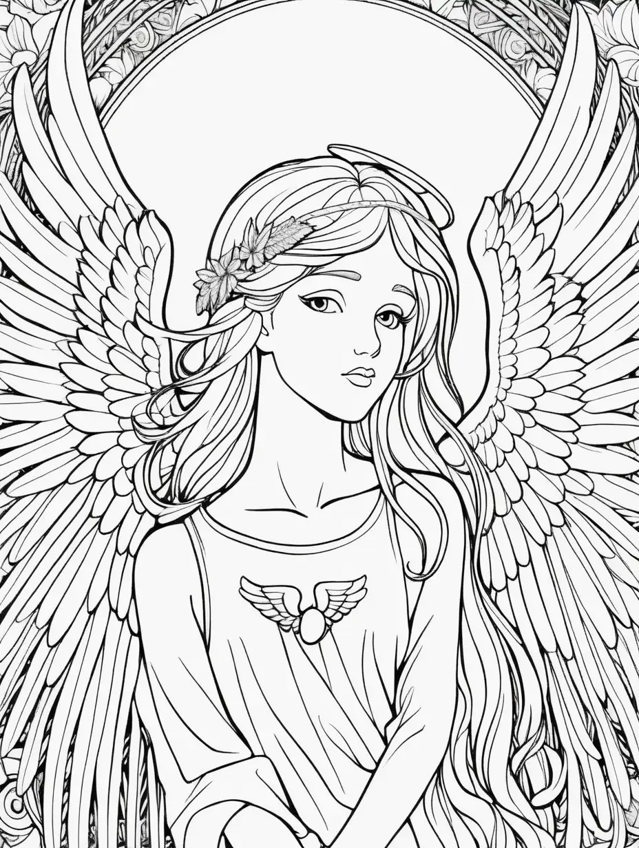 adults coloring page with silhouette of Angel with blonde hair and light eyes and big wings in Heaven, black and white, large print, no shading, low details