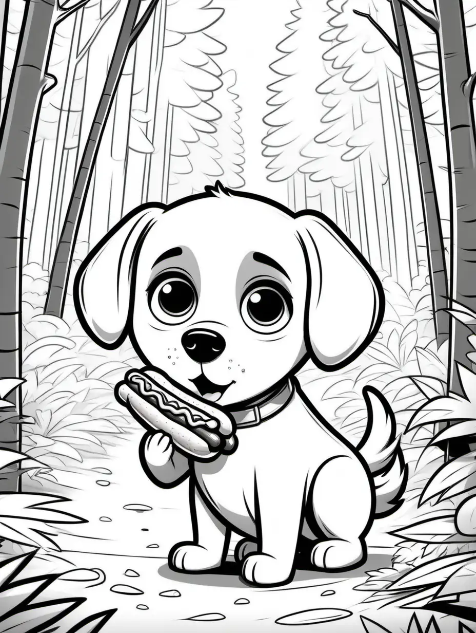 cute dog character in forest, eating a hot dog, big cute eyes, pixar style, simple outline and shapes, coloring page black and white comic book flat vector, white backgroundcute dog in forest, big cute eyes, pixar style, simple outline and shapes, coloring page black and white comic book flat vector, white background