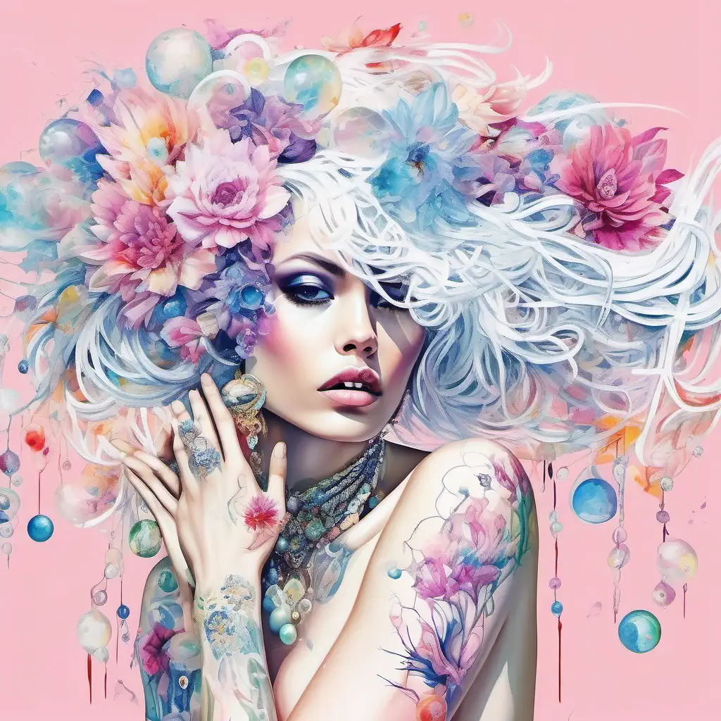 abstract exotic white high fashion model with pastel flowers that bleed that are delically arranged  into her hair, 
put tattoos on arms put Crystals orbs orbs orbs tapastry style painting