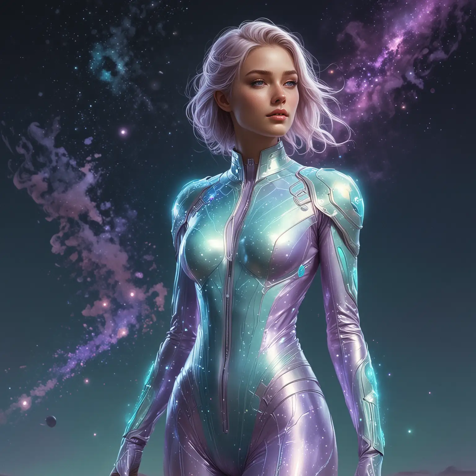 A mesmerizing interplanetary ambassador, her bioluminescent skin exudes an ethereal glow, shimmering with shades of pale turquoise and soft lavender. Standing tall and regal, she wears a sleek, form-fitting suit that seems to shimmer and shift with the colors of the cosmos. This concept art is a stunning digital painting, showcasing intricate details and a seamless blend of realism and fantasy. The image captivates viewers with its otherworldly beauty and sophisticated design, evoking a sense of wonder and intrigue.