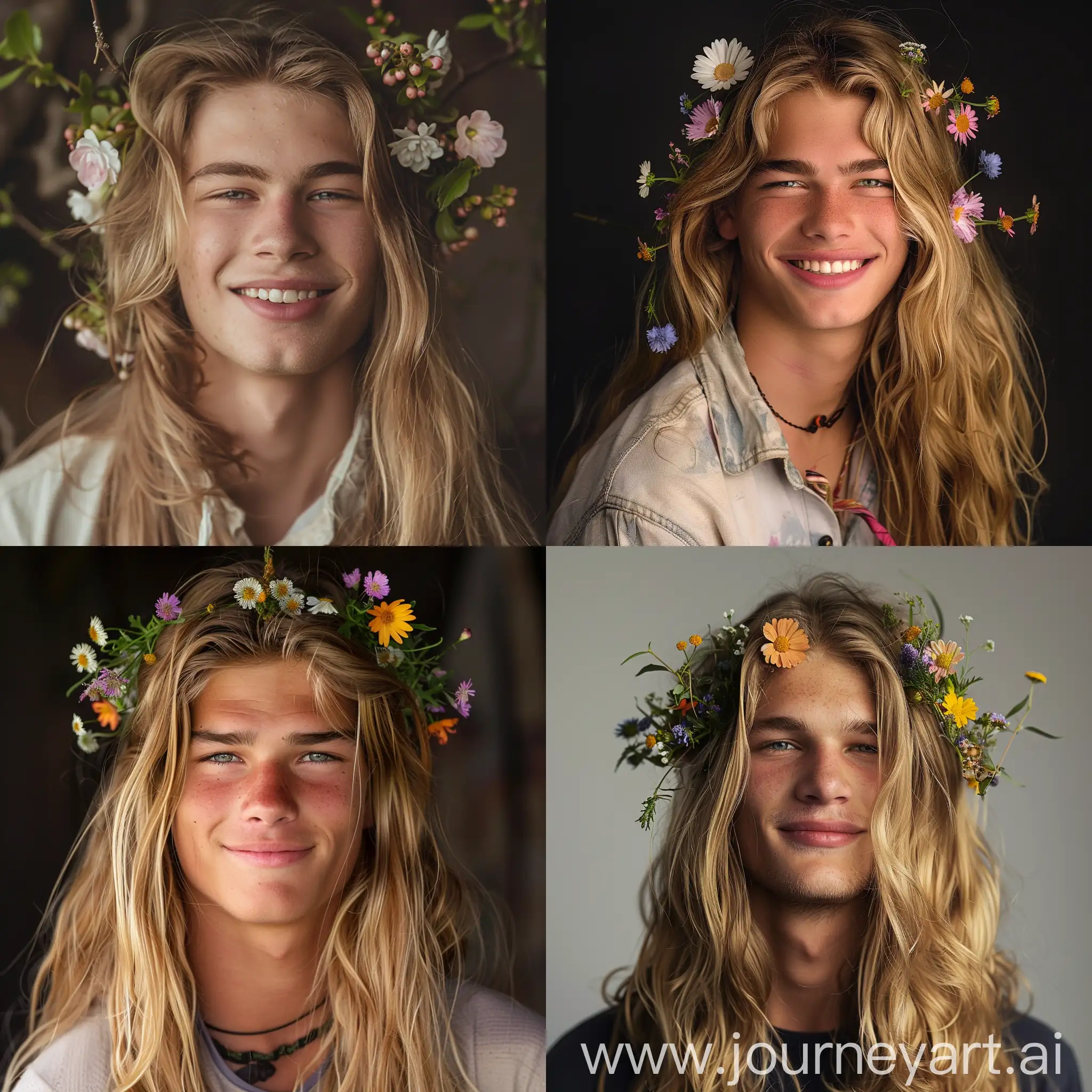 Smiling-Young-Man-with-Long-Blonde-Hair-and-Flowers-in-Hair-Realistic-Portrait