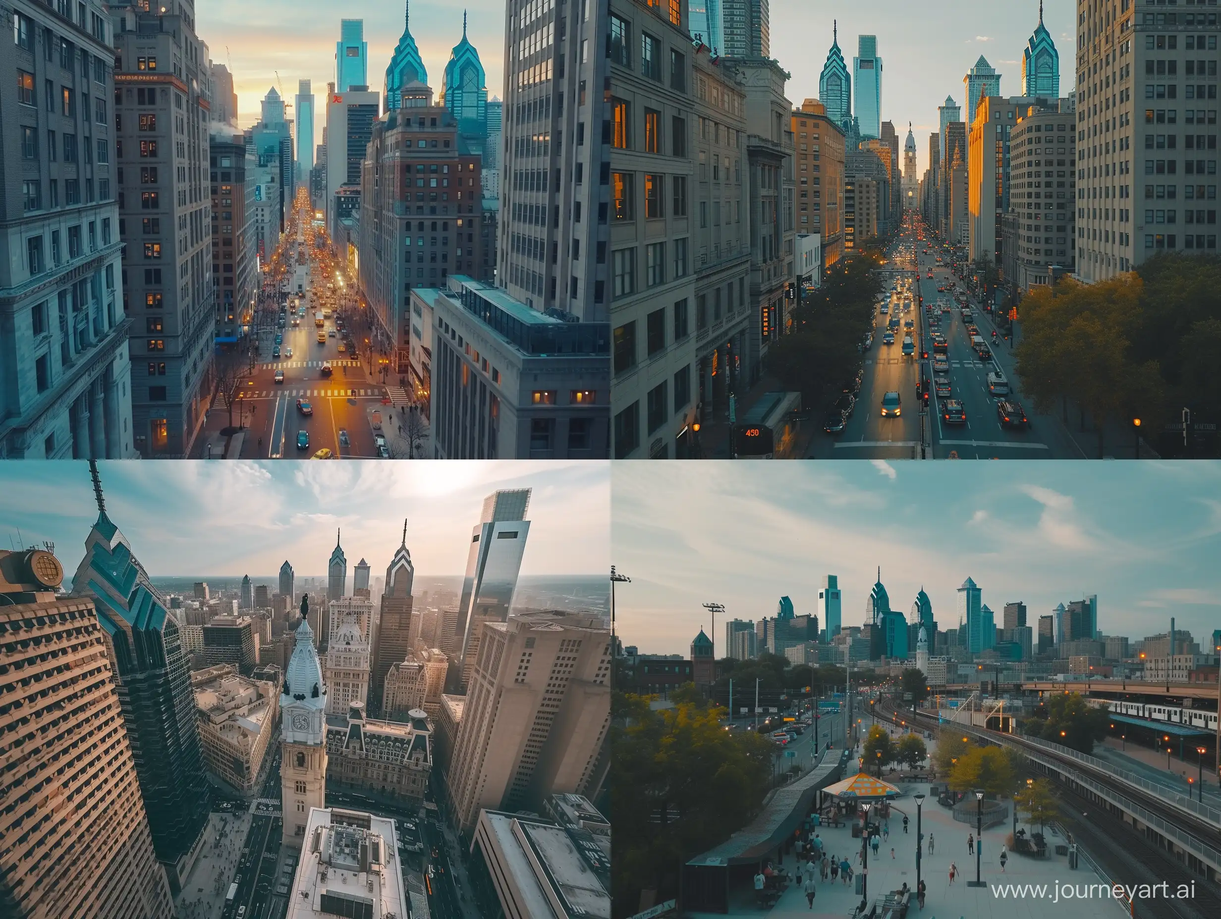 a bustling Philadelphia city, the photo is bathed in natural lighting, day time setting. Shot in 4k with a high end DSLR camera. such as a Canon EOS R5 with a 50mm f/1. 2 lens, vibrance, architecture, drone view, skyline
