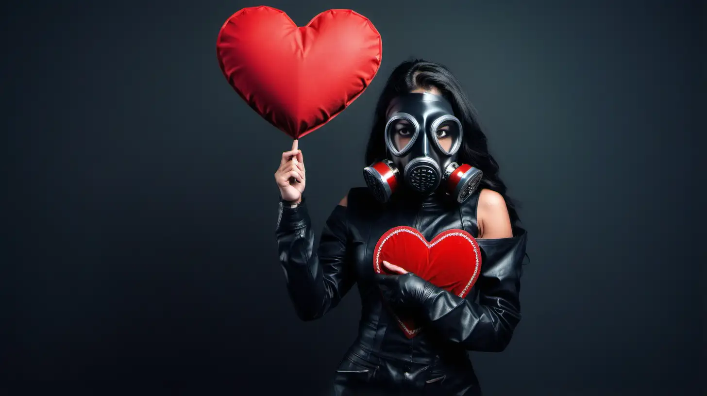 Make a picture of a sexy Latin girl with a black gas mask holding a red heart banner for Valentine


