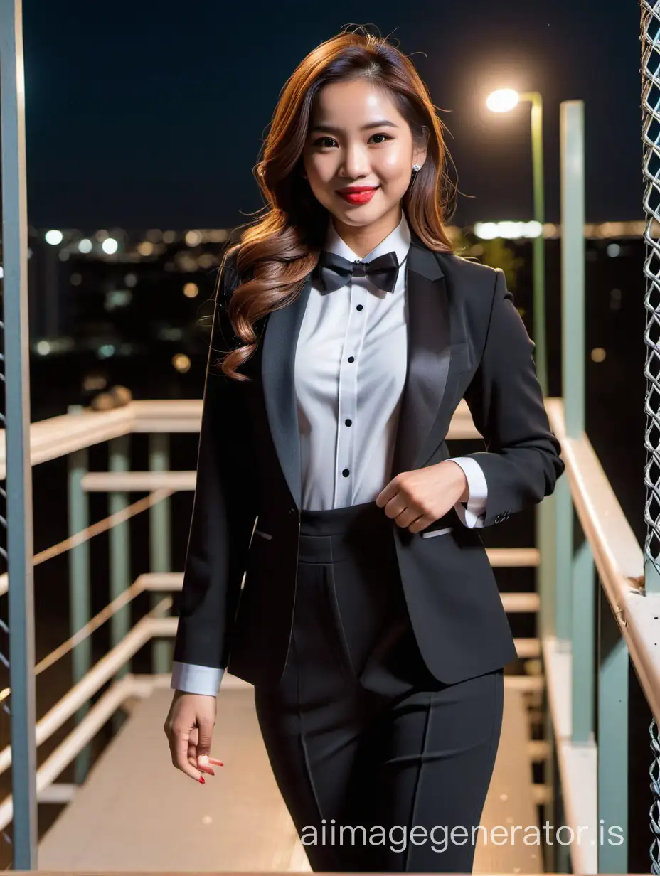 It is night. A cute and sophisticated and confident and smiling Indonesian woman with shoulder length hair and lipstick.  She is facing you while walking toward the edge of a scaffold.  She is wearing a black tuxedo with an open black jacket.  Her shirt is white.  Her bowtie is black.  Her cummerbund is black.  Her pants are black.  Her cufflinks are black.  She is relaxed.  Her jacket is open.  She is waving at you.