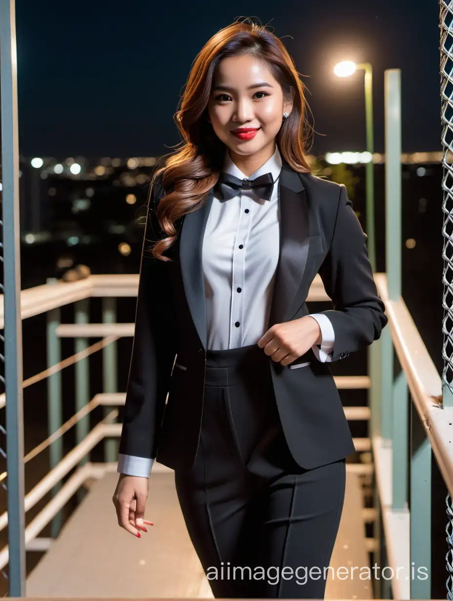 It is night. A cute and sophisticated and confident and smiling indonesian woman with shoulder length hair and  lipstick.  She is facing you while walking toward the edge of a scaffold.  She is wearing a black tuxedo with an open black jacket.  Her shirt is white.  Her bowtie is black.  Her cummerbund is black.  Her pants are black.  Her cufflinks are black.  She is relaxed.  Her jacket is open.  She is waving at you.