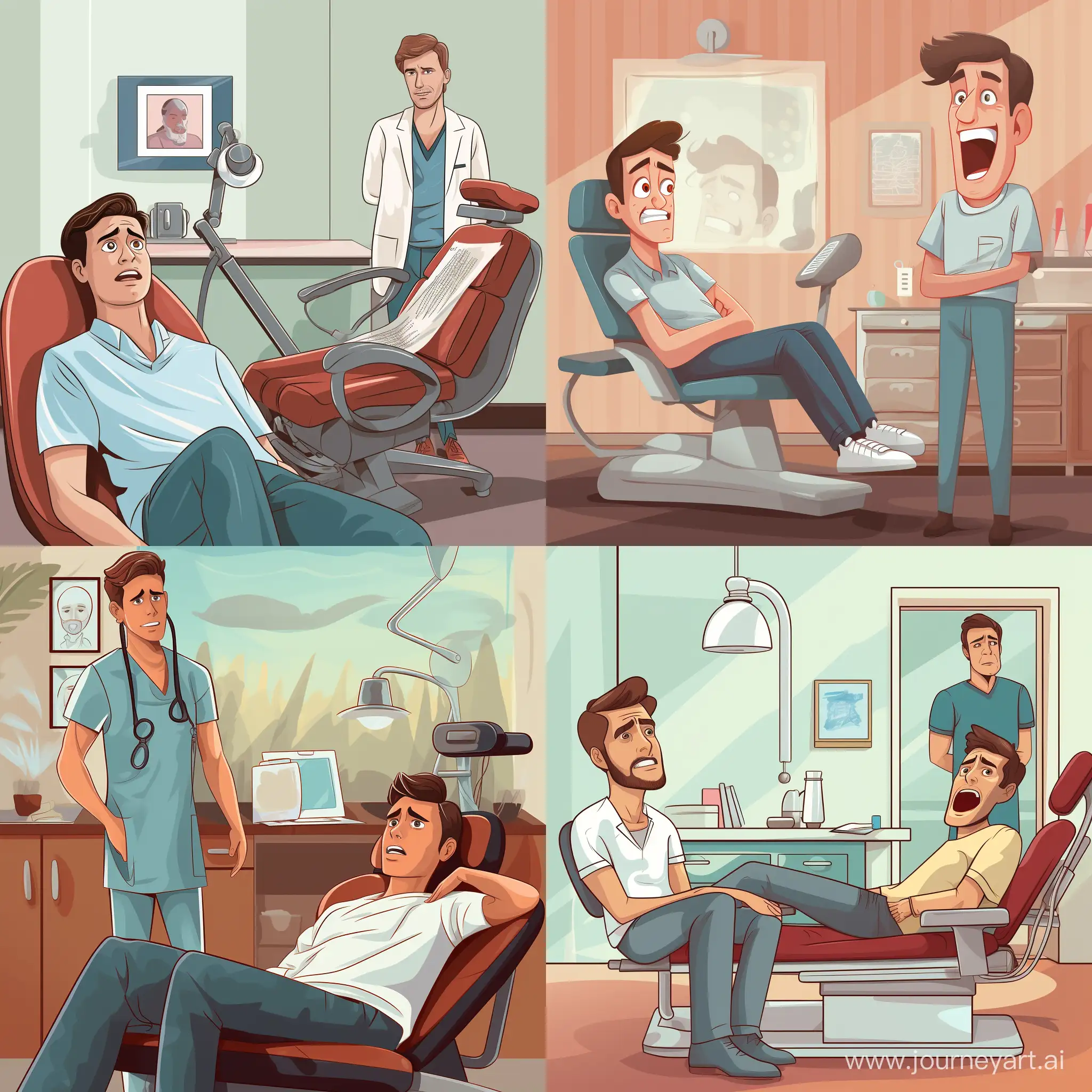 Illustration of a patient with a sad expression showing his fear of the dental chair, while a friendly dentist is waiting behind him with a smile to reassure him.