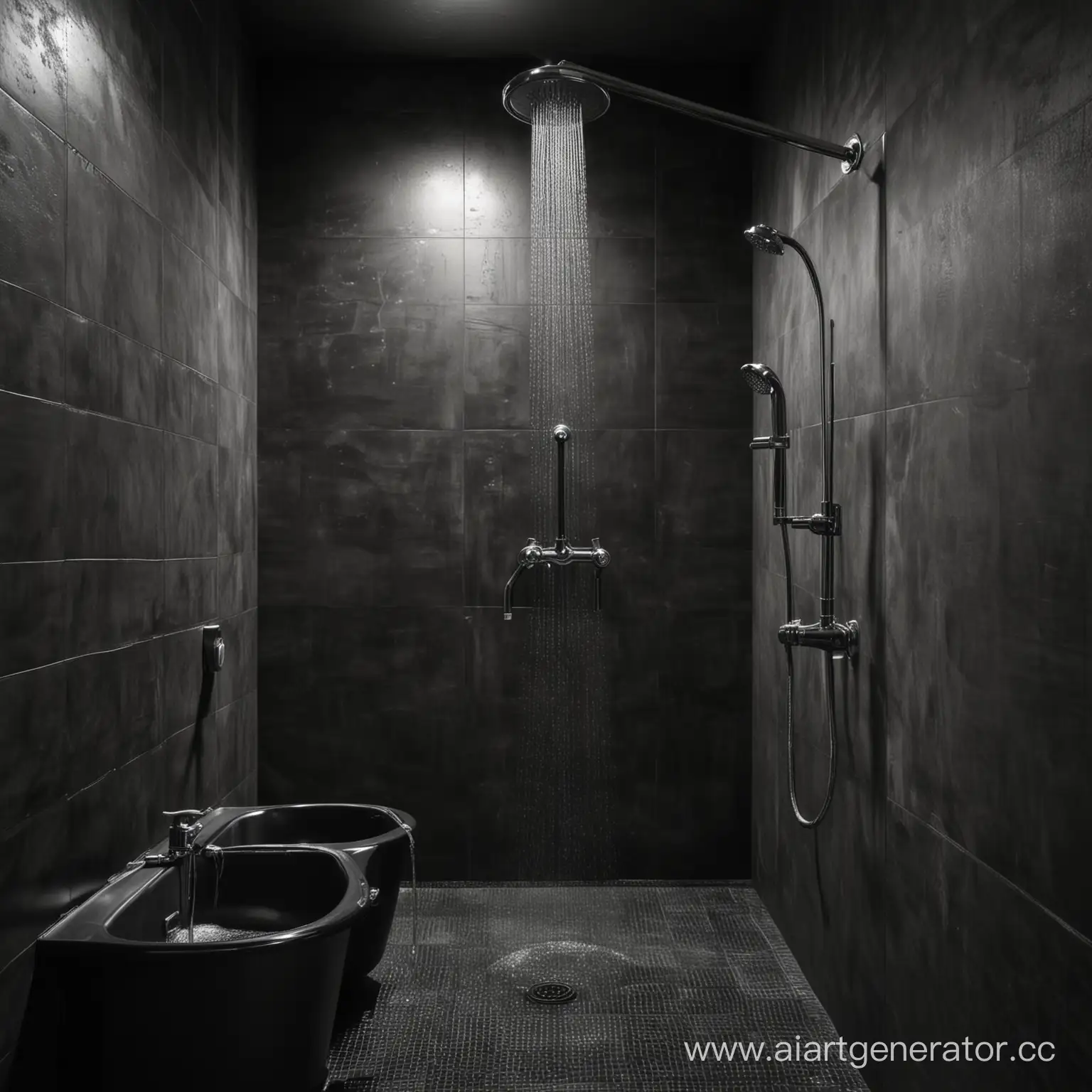 душ с лейкой и смесителем, темная ванная комната 