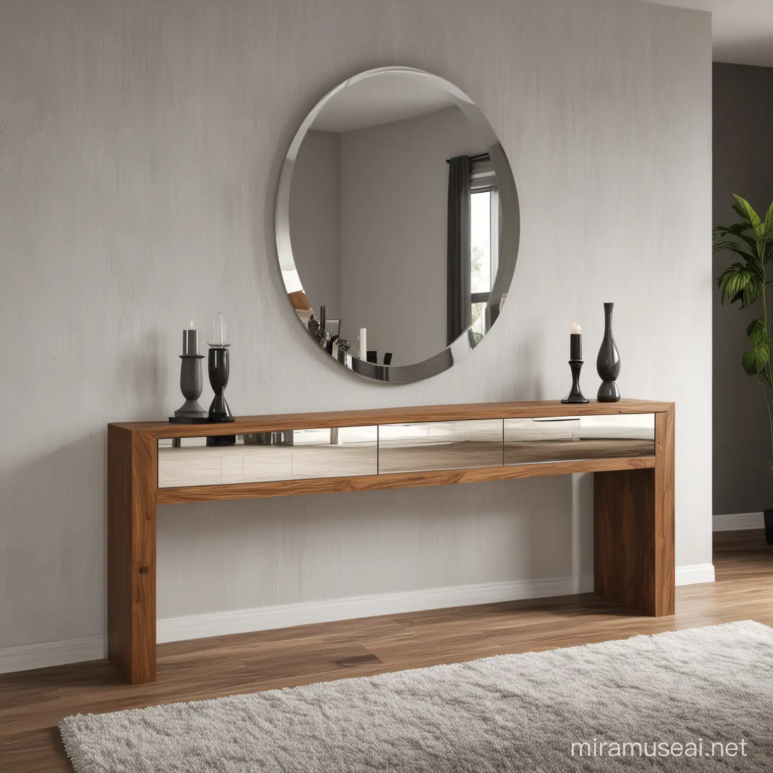 Modern Futuristic Console with 70x130 Single Mirror and Wooden Base
