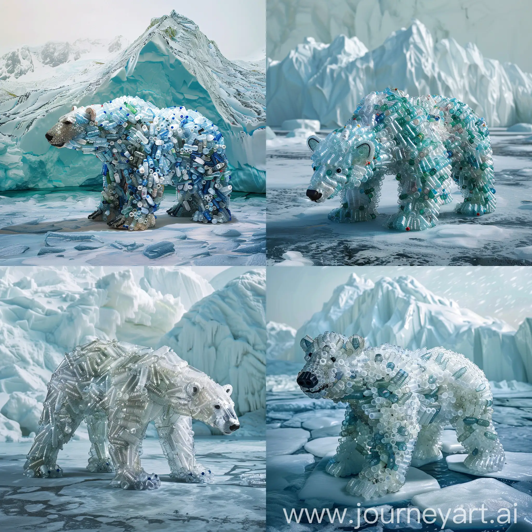 crea orso polare fatto di bottiglie di plastica, sullo sfondo al posto del ghiacciaio c'è un immenso ammasso di plastica, polo nord