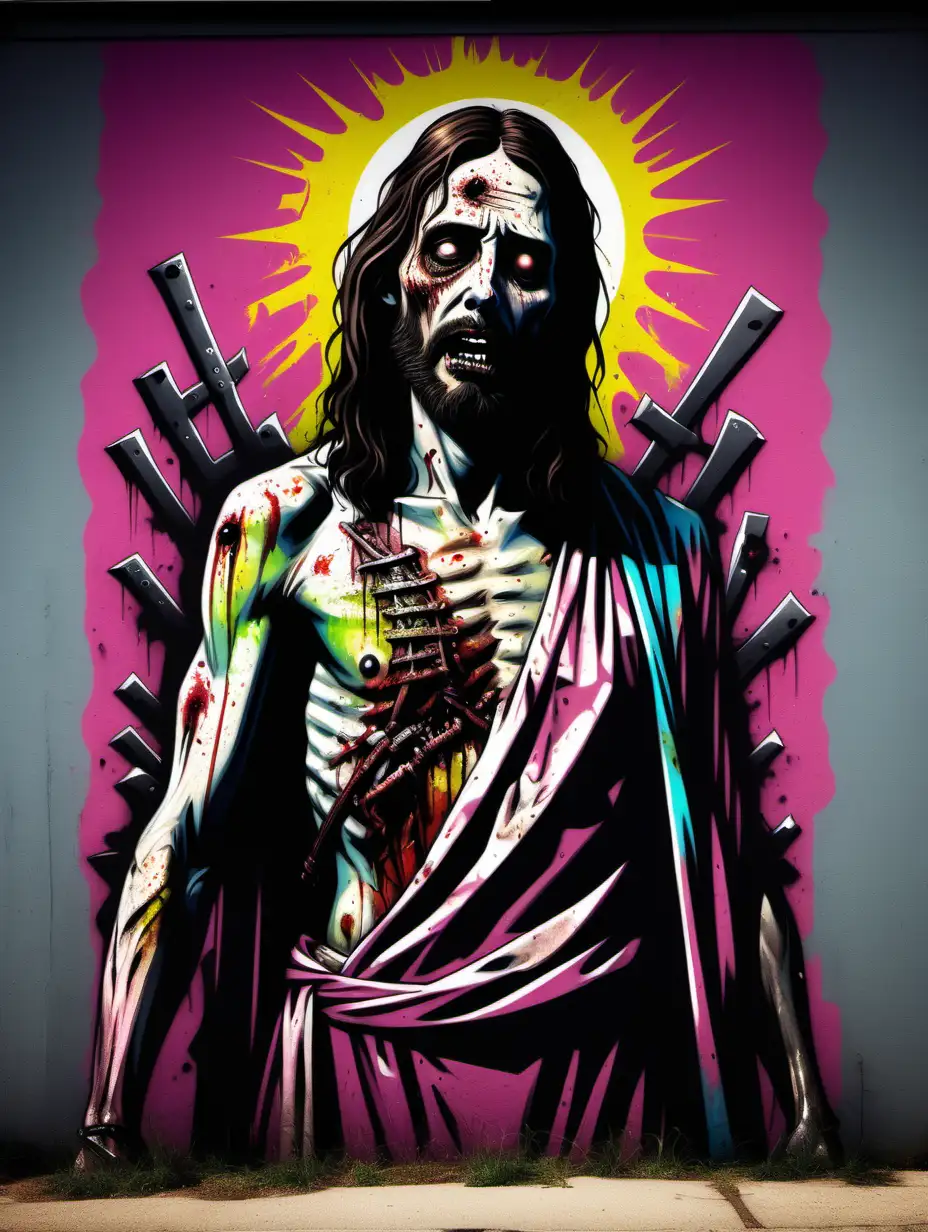 jesus christ as a mysterious zombie in the style of the walking dead mixed with Mad Max, street art, colourful, high contrast --style raw --s 400