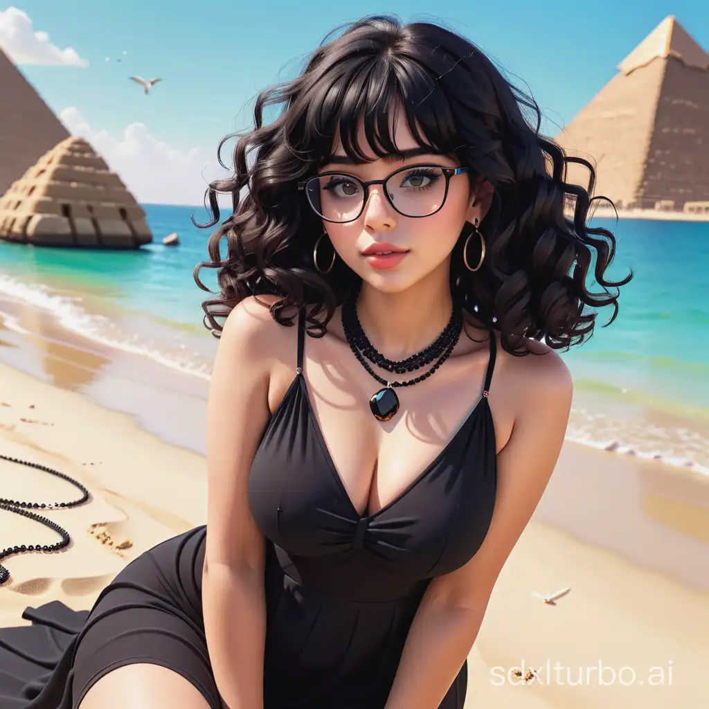 girl with black curly hair with bangs and black small eyes with big lips wearing balck glasses in Egypt wearing black dress with amithest necklaces  in beach   cartoon style    fast