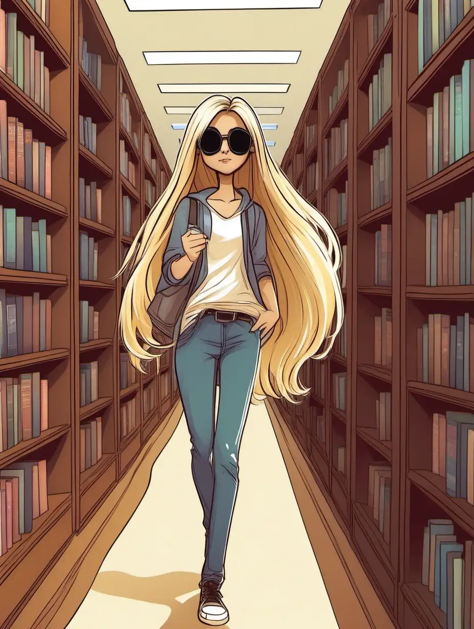 a cute cartoon girl wandering into a library with sunglasses on and long blond hair 