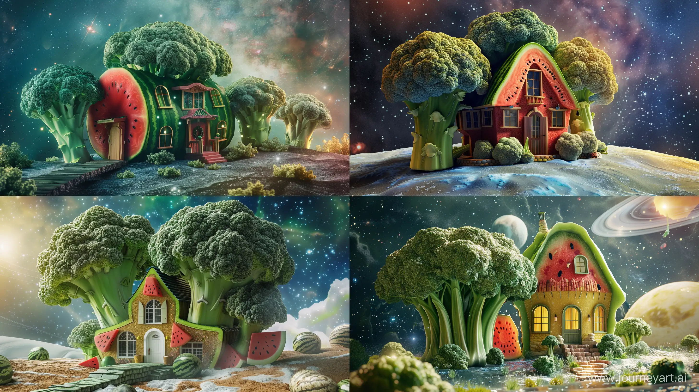 big house in the shape of broccoli and watermelon, in the galaxy, fantasy style, realistic --ar 16:9
