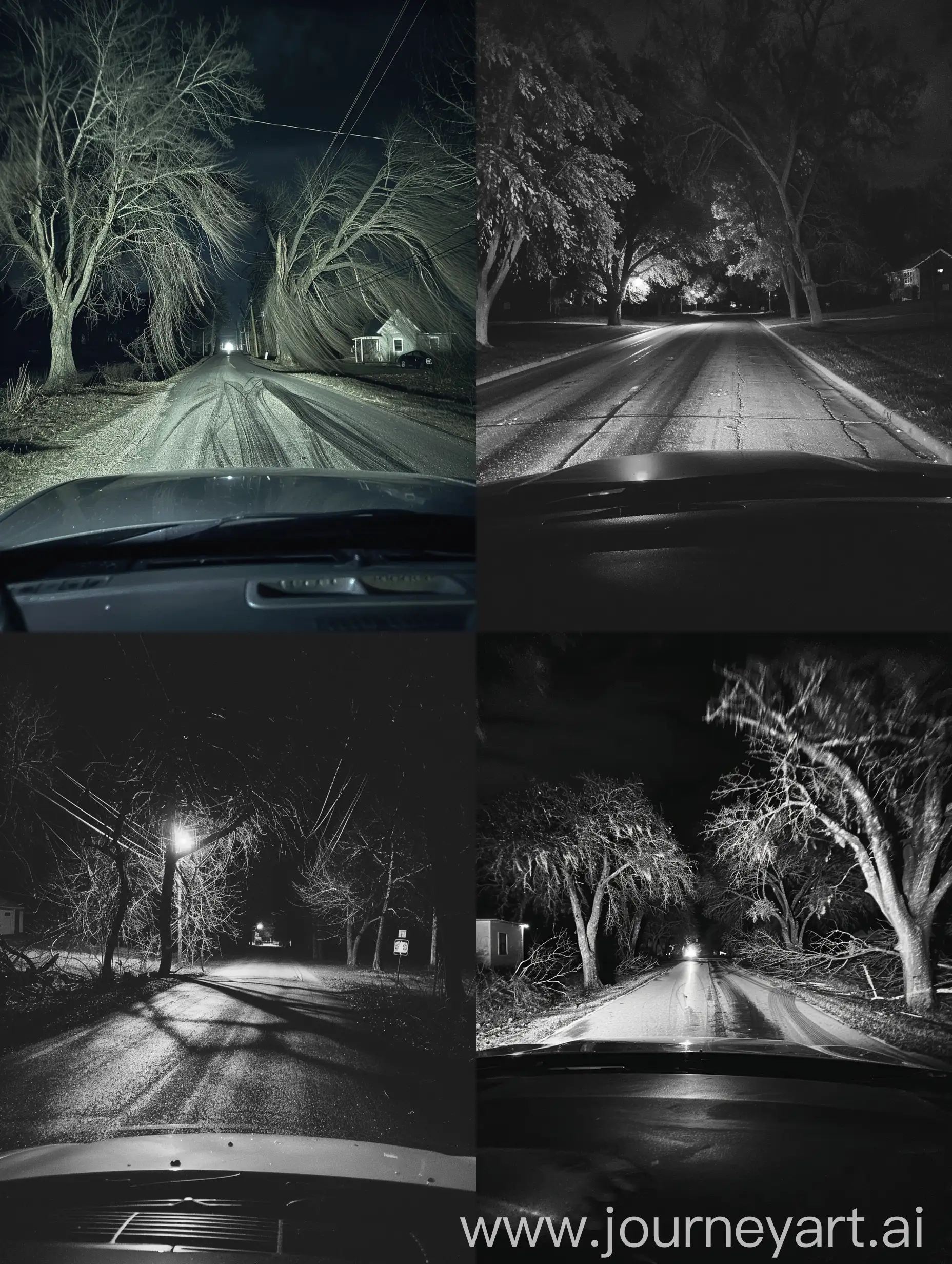 As I sat in my car, a sense of unease washed over me as I observed the quiet street. The swaying trees cast eerie shadows on the deserted road, amplifying the typical night's unease in this small town.