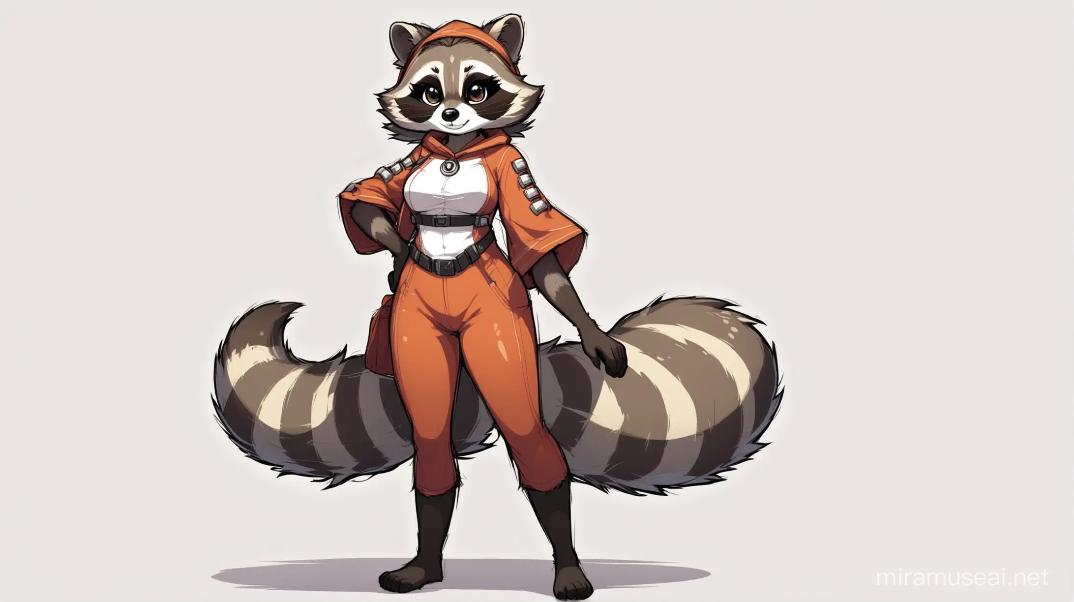 Furry Raccoon Girl in Stylish Attire Against White Background
