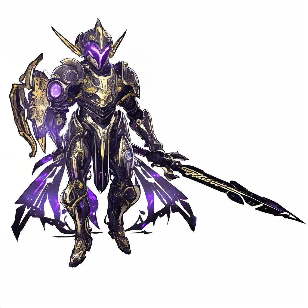 With golden mechanical angel style galaxy themed textured floating halo shape above his head black gold and yellow armor, with purple sapphire glowing jewels with a knight in shining armor with a biomechanical living borg warframe style amor and a living sword and a living shield mutated shield on his right arm in the style of a character concept art only black and white linework
