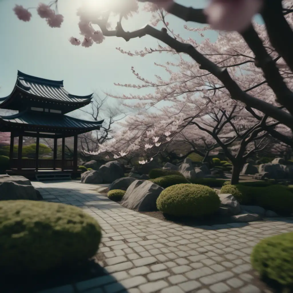 ultra realistic, wind blows in japanese garden with cherry blossoms, long shot, captured by Canon EOS 5D Mark IV, cinematic color grading, dramatic lighting