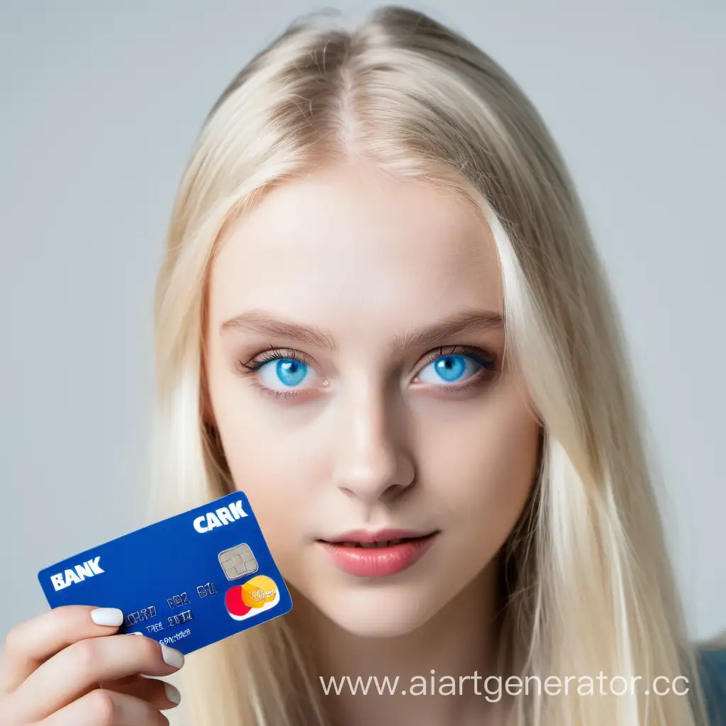 девушка блондинка с голубыми глазами  держит банковскую карту рядом с лицом